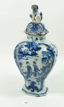 An 18th century Delft vase and cover painted chinoiserie scenes, a/f, 36cm tall