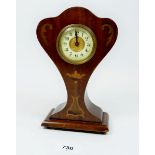 An Edwardian small mahogany marquetry mantel clock, 18cm tall