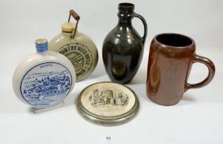 A brown glazed pottery flask, a Swiss blue and white flask, large brown tankard, a Fulham Pottery