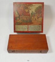 An Arts & Crafts style painted jewellery box, 25cm wide and a mahogany box