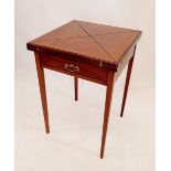 An Edwardian mahogany envelope card table with drawer, all on tapered supports 51 x 51cm