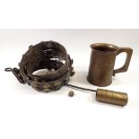 A trench art sherry scoop and tankard and a leather belt of military buttons