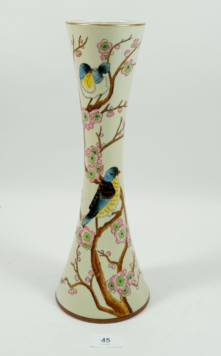 A Past Times tall vase decorated Victorian style birds and blossom, 36cm high