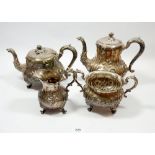 A Victorian silver plated four piece teaset with embossed decoration