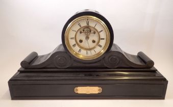 A Victorian large slate mantel clock with visible escapement, presentation plaque dated 1875, 59cm