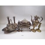 A box of silver plated items incluidng Victorian toast rack and pair of entree dishes