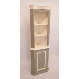 A Victorian small painted pine corner cabinet, two shelves over cupboard, 34 x 34 x 75cm high
