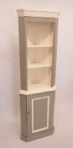 A Victorian small painted pine corner cabinet, two shelves over cupboard, 34 x 34 x 75cm high
