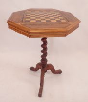 A Victorian octagonal games table with chess board marquetry top, on spiral stem and triple supports