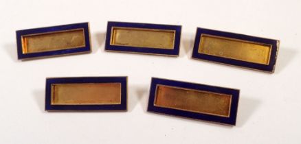 A set of five gilt metal and enamel place name badges, 2.5 x 5.5cm