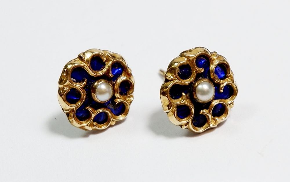 A pair of Edwardian gold and blue enamel stud earrings set pearls (unmarked) 3.3g, 1-2cm diameter