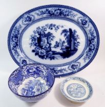 A large Victorian meat plate 'Parma' (chipped) 50cm wide, an Abbey bowl and Willow dish