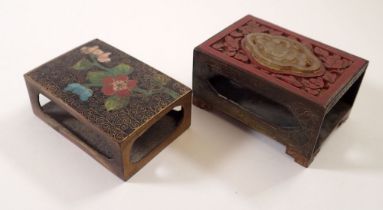 A Chinese red lacquer and jade matchbox cover and a cloisonne enamel matchbox cover