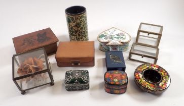 A group of various boxes including a Harrods London leather example with brass clasp, paper mache