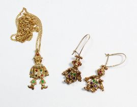 A 9 carat gold clown necklace and earrings on 9 carat gold chain set diamonds and semi precious