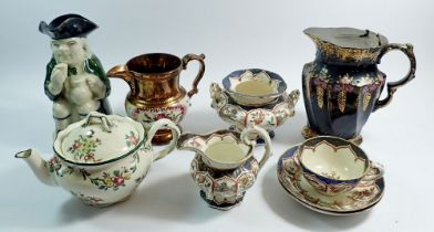 Two Victorian jugs, a Toby jug and Leeds Sprays teapot plus a Victorian part tea set