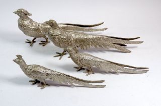 Two pairs of silver plated pheasants, largest 30cm long