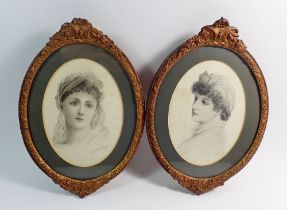 E Barnard - a pair of 19th century oval pencil portraits of woman in gilt frames, 17 x 12cm