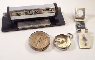 A 1970's chrome perpetual calendar with octagonal design together with a Gowllands eye glass and two