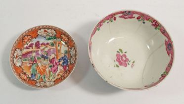 A Chinese Canton saucer painted family in a courtyard plus a floral Canton bowl a/f, 14cm diameter