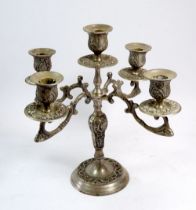 A silver plated five branch candleabra, 28cm tall