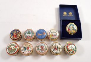 A set of ten Halcyon Days enamel Christmas boxes 1980 to 1989