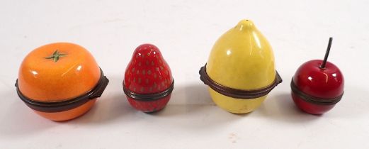 Four fruit form Halcyon Days enamel bonbonnieres - cherry, strawberry, lemon and orange