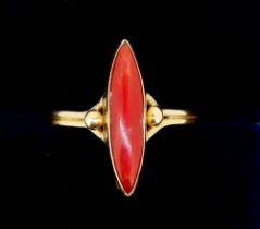 An antique 18 carat gold ring set marquise cut cornelian, size K to L