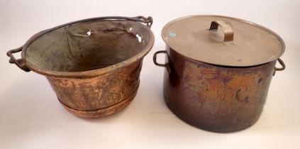 A Victorian copper and brass lidded cooking pan, 26cm diameter and another cooking pan, a/f