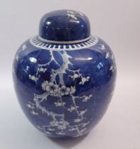 A late Qing Chinese large blue and white ginger jar painted prunus blossom, 29cm tall