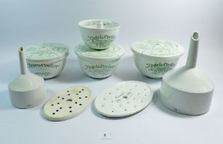 Four Grimwade Quick Cookers, three with lids, two Royal Worcester funnels, Grimwade strainer and a T