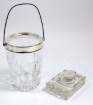 A cut glass ice bucket and a cut glass inkwell with silver lid, London 1906 by William Hutton & Sons