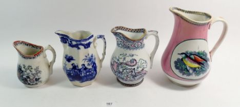 Four various antique jugs including Caughley and another painted birds possibly by Lanelli, 21cm