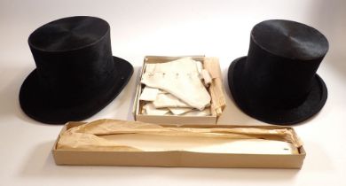 Two silk top hats by Forsyth (23" circumfrance) and Tress (21.5" circumfrance) plus a box of