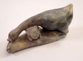 A Chinese carved stone duck and duckling group, 14cm long