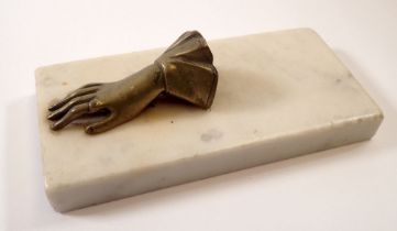 A Victorian brass hand and marble paperweight, 15.5 x 7.5cm