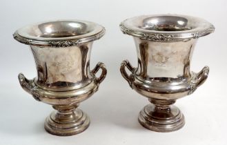 A pair of 19th century silver plated wine coolers with liners and engraved crest 'Mon Tresor',
