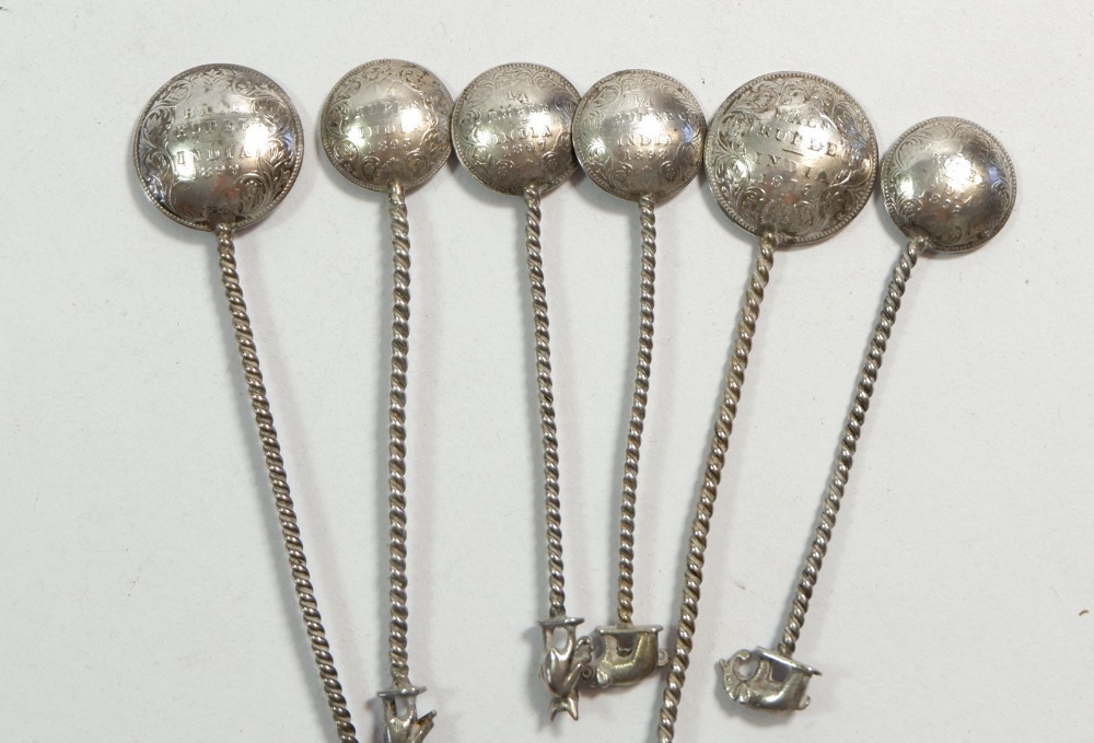 Six Indian white metal small spoons with animal terminals and coin bowl - Image 2 of 2