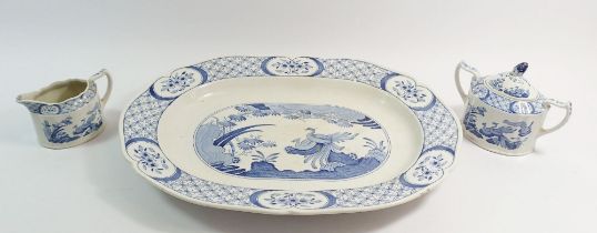 An 'Old Chelsea' blue and white meat plate, jug and sugar (sugar a/f)