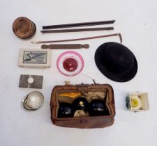 A rectangular marble paperweight, bowler hat, collar box, three bowls and other miscellaneous items