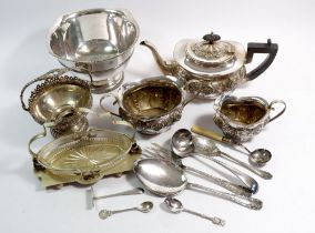 A silver plated three piece tea set and various other silver plated items