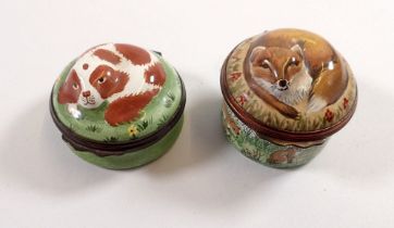 Two animal enamel Halcyon Days bonbonnieres - fox and cubs and Cavalier King Charles Spaniel
