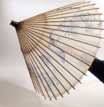 A Japanese bamboo and silk parasol painted blue flowers, 86cm