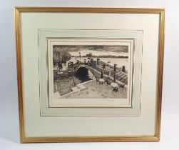 W Fairclough - etching of bridge over water - 1983, 16 x 27cm
