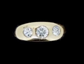 An 18k gold gypsy ring set three diamonds, size R, 6.1g