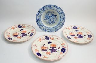 A Victorian Mason's ironstone blue and white bowl and three ironstone plates
