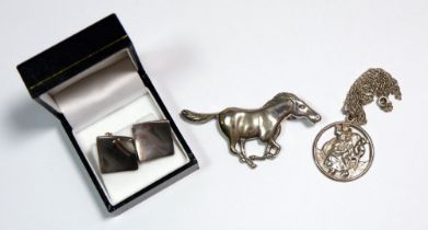 A silver horse brooch, a St Christopher and a pair of silver earrings, 38g