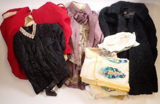 Two Victorian bodices, various aprons and other clothes