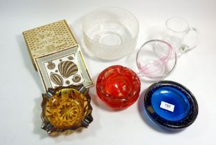 A collection of art glass including a Whitefriars blue bowl with label, a Mdina glass ashtray, a