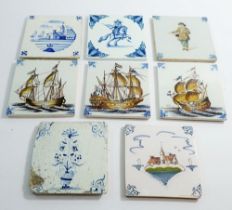 Eight assorted Dutch Delft tiles